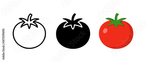 Tomato icon set in outline, silhouette, and color styles