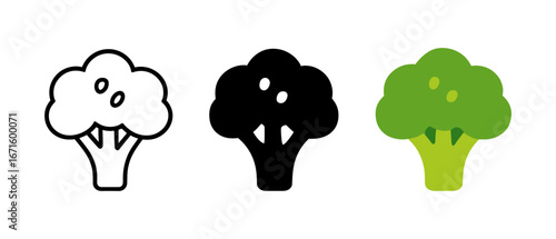 Minimalist broccoli icons in line, solid, and flat styles for food design