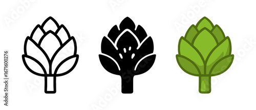 Artichoke icons in outline, glyph, and flat styles on white background