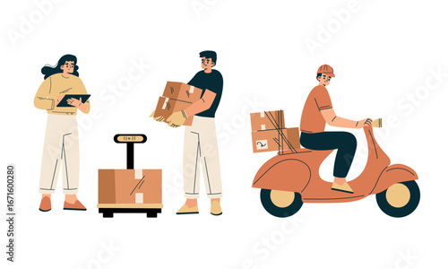 An illustrated scene depicting ecommerce delivery featuring various characters and packages