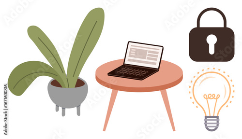 Laptop on round table alongside potted plant, light bulb, and lock icon. Ideal for concepts thumbs up innovation, remote work, productivity, security, idea generation design minimalism. Simple flat