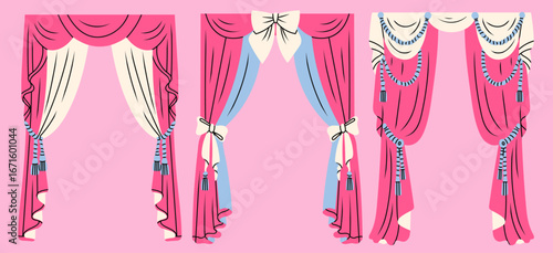 Pink, blue white curtains set. Various wavy luxury curtains, different shapes, ties, cords, tassels. Decorative cloth. Hand drawn trendy Vector illustration. Isolated design elements