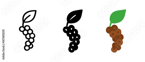 Minimalist grape icons set: outline, solid, color variants on white background