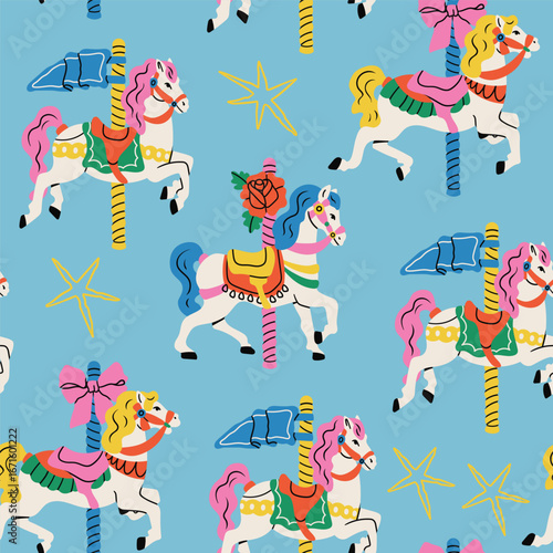 Carousel horses. Cute bright colorful merry go round horses. Retro vintage carousel style. Hand drawn modern Vector illustration. Square seamless Pattern, background, wallpaper