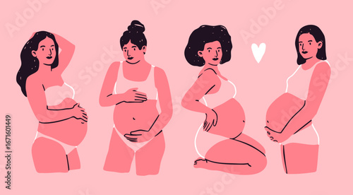 Pregnant women in various poses. Ladies in underwear holding their belly. Cute isolated characters. Hand drawn Vector illustration. Future mothers, baby expecting, motherhood, pregnancy concept