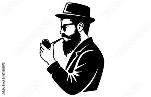 Vintage stylish Hipster man with a hat and smoking pipe for brand identity, logos and marketing materials