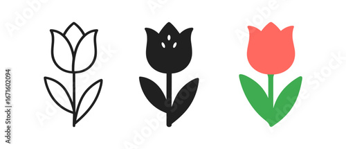 Minimalist tulip icons in line and solid styles with simple colors