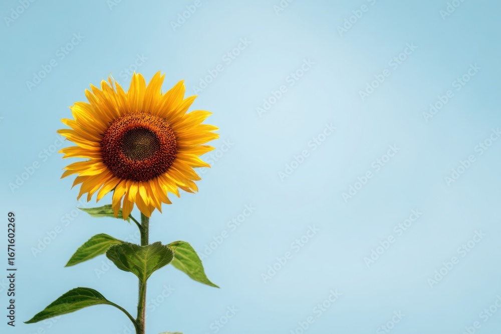 Obraz premium Vivid yellow sunflower in full bloom with a clean blue sky background symbolizing summer positivity and nature beauty.
