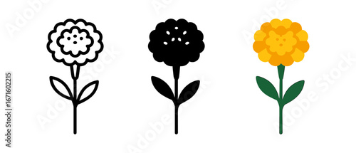 Stylized flower designs: outline, silhouette, flat color variations