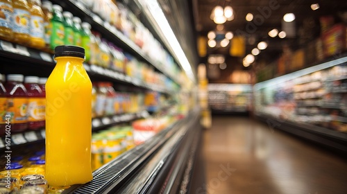Clear plastic bottle of orange juice on refrigerated supermarket shelf with blurred beverage bottles in background under bright store lighting