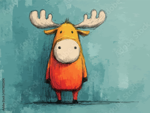 A cartoon moose with a bright orange body and large antlers stands against a soothing blue background. The character features a friendly face, evoking joy and whimsy.