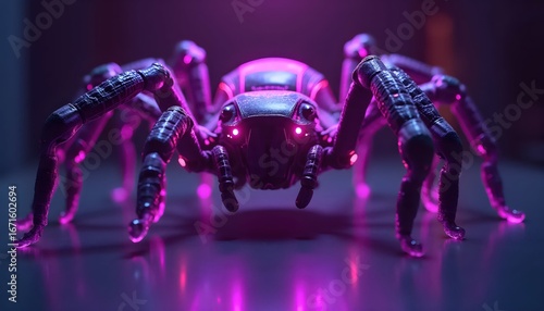Futuristic Arachnid Robot Illuminated with Intense Violet Neon Armor Design