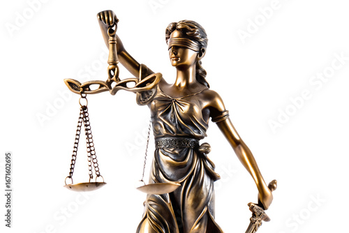 Bronze Lady Justice statue holding scales and sword isolated on a transparent background 