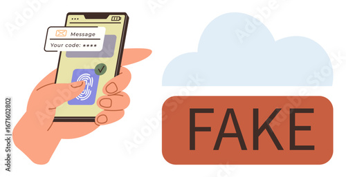 Hand holds mobile displaying a fingerprint scanner and code entry, highlighting authentication process. Nearby cloud warning labeled FAKE symbolizes online security threats. Ideal for cybersecurity