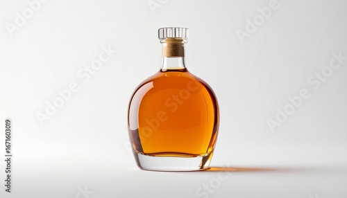 A glass bottle filled with amber liquid, elegantly positioned against a plain white backdrop.