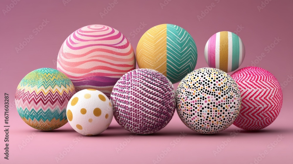 Fototapeta premium Colorful decorative spheres with various patterns arranged artistically on a soft pink background