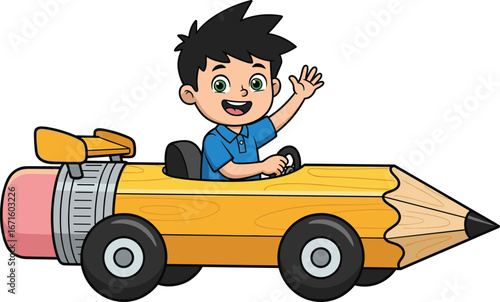 Cartoon boy driving a pencil-shaped car, creative school concept, education transportation illustration, fun learning idea for kids design