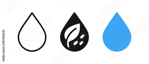 Minimalist raindrop icons with flat, linear, and nature designs