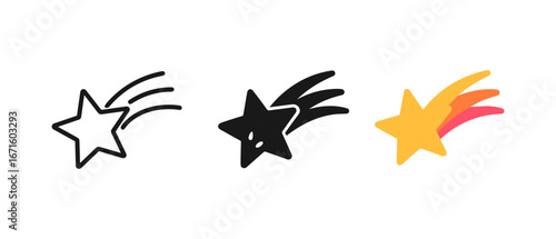 Set of shooting star icons with diverse styles: outline, solid, and colorful
