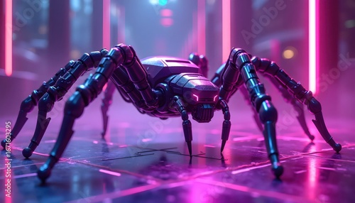 Cyberpunk Mechanical Arachnid Shining with Purple Neon Futuristic Aura