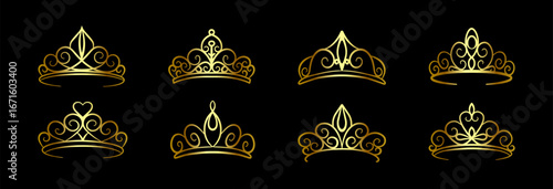 Set of golden tiara doodles. Elegant vintage crowns with decorative swirls and filigree ornaments on a black background. Stylish silhouettes for wedding, princess, luxury and festive design.