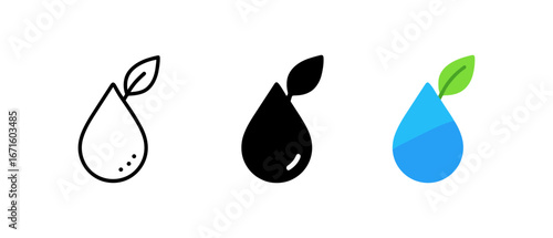 Minimalist drop icons with leaf motif: linear, silhouette, and color variants for eco designs