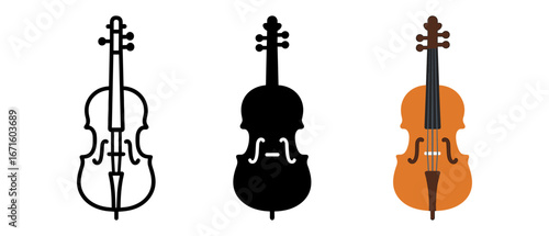 Violin trio in silhouette and color: classic musical instrument designs