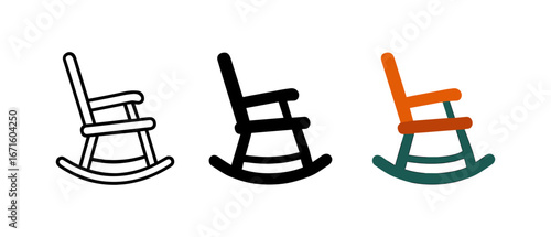Rocking chair icons: outline, filled, and colored design variations