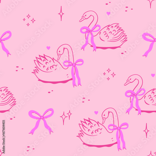 Pink pattern with swans with bows. Vector graphics.