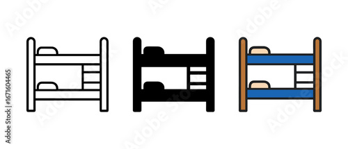 Triple style bunk bed icons: outline, silhouette, and colored variations