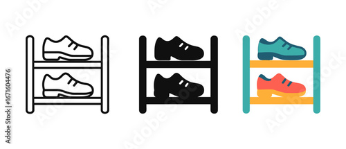 Colorful shoe rack icons: outline, solid, flat styles for fashion and storage concepts