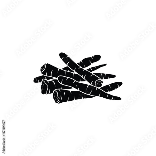 A pile of freshly harvested black carrots on a white background