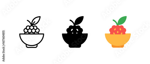 Minimalist berry bowl icons: outline, silhouette, and colorful flat designs