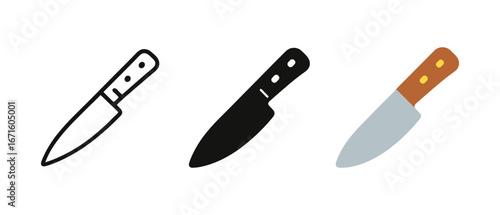 Diverse knife design: outline, silhouette, and colorful styles for kitchen