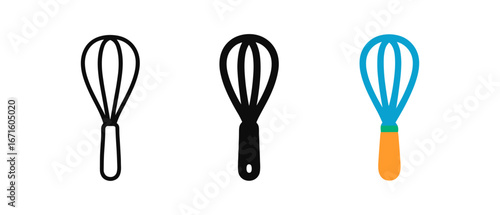 Whisk icons in linear, solid, and colorful styles for kitchen design