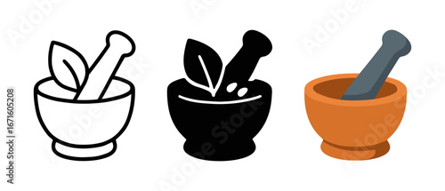 Mortar and pestle in flat, silhouette, and graphic styles