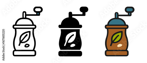 Coffee grinder icon set featuring outline, glyph, and colored styles
