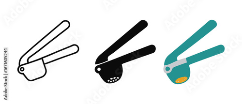Diverse garlic press designs in outline, solid, and colorful styles