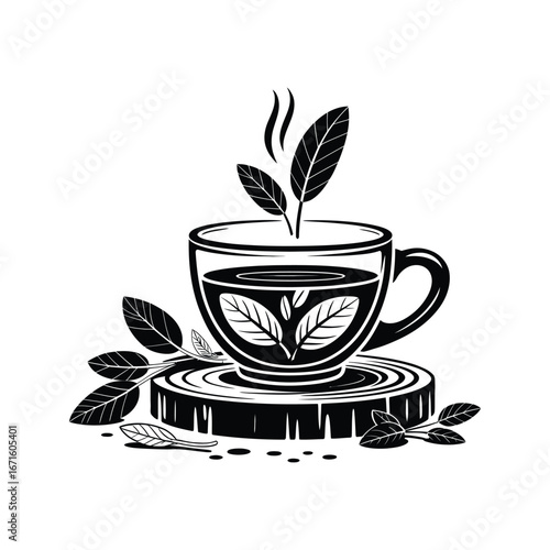 Hand drawn illustration of a steaming cup of herbal tea with fresh leaves on a wooden slice