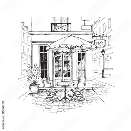 Hand-drawn sketch of a romantic European street cafe with an outdoor table, chairs, and umbrella.
