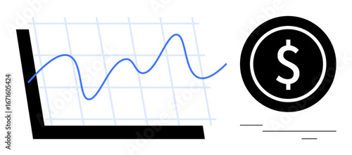 Graph with rising trend line and dollar coin highlighting financial growth, market analysis, investment, budgeting, profit tracking, economic forecasting, business success. Simple flat metaphor