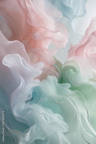 professional photo of abstract art featuring delicate flowing liquid shapes in soft pastel hues of pale pink baby blue and mint green blending together to create a calm ethereal and dreamy mood with g