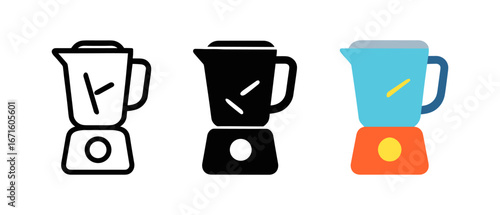 Set of three blender icons in outline, solid, and colorful flat styles
