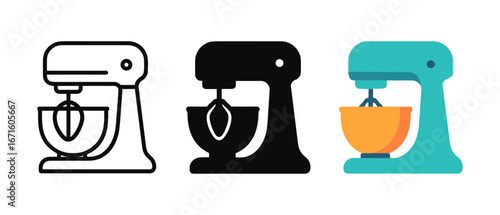 Mixer icons set: outline, solid, and colorful kitchen appliance designs
