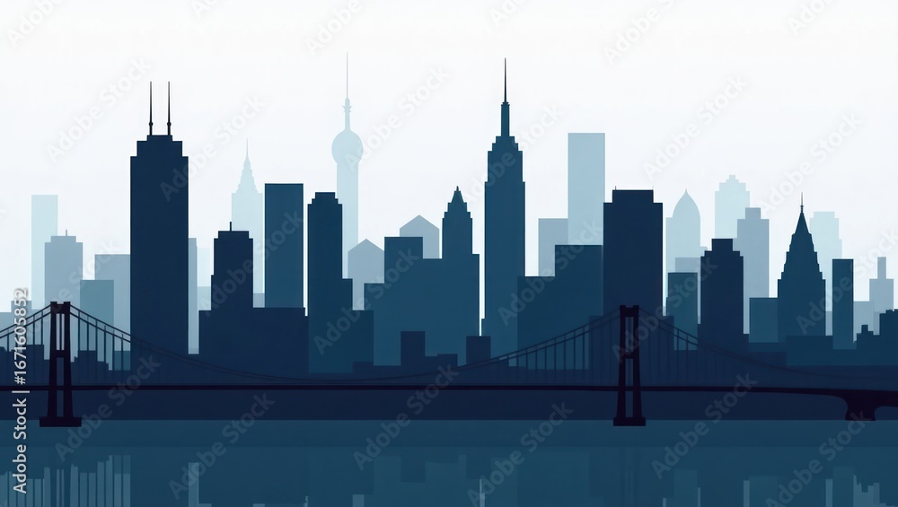 Fototapeta premium A tranquil cityscape silhouette, showcasing a modern metropolis with towering structures and a prominent bridge, rendered in muted blues and grays.