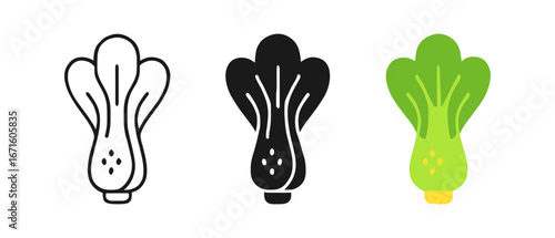 Pak choi icons: line art, solid, and flat designs for culinary themes