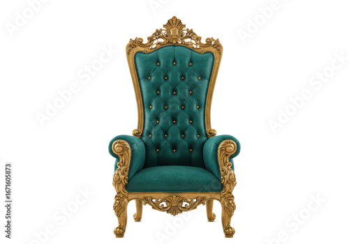 Isolated ornate teal and gold throne chair against neutral backdrop, furnishing elegance