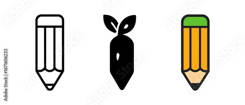 Creative pencil icons: outline, silhouette, and color variations with leaf motif