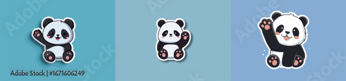 Three adorable cartoon pandas are depicted in playful poses. Each panda features a unique expression, set against vibrant, solid colored backgrounds. These cute designs capture the essence of fun.