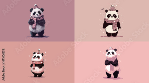 Four adorable cartoon pandas dressed in cozy winter attire pose playfully against soft pastel backgrounds.